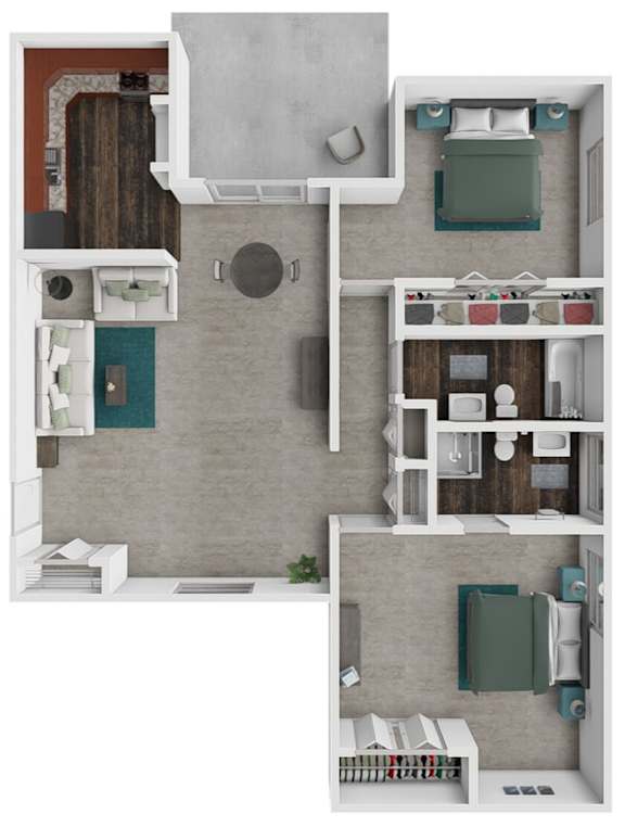 A top-down view of a small apartment with a kitchen, living room, and bedroom.