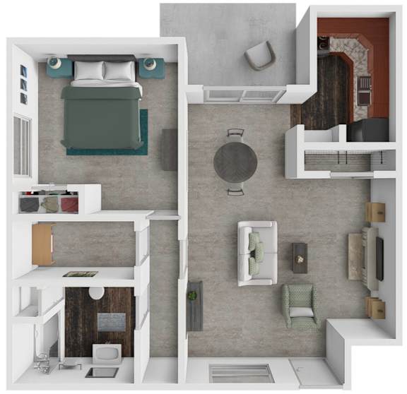 A top-down view of a modern apartment layout with a bedroom, living room, and kitchen.