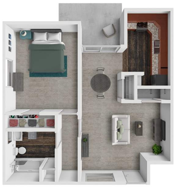 A top-down view of a small apartment with a bedroom, living room, and kitchen.