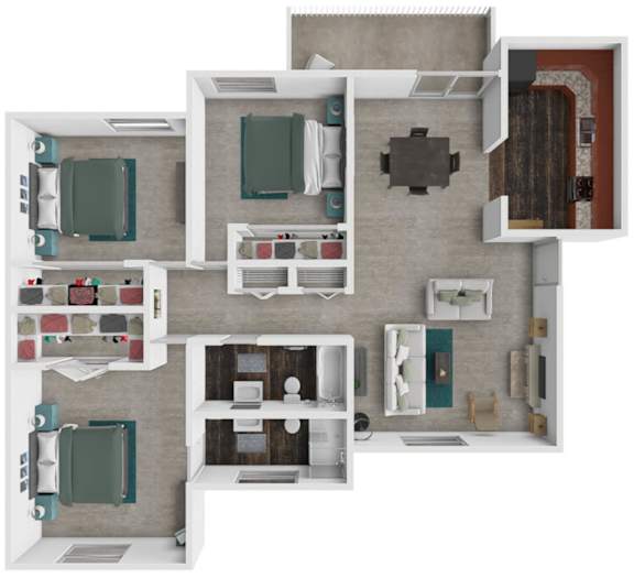 A 3D floor plan of a house showing a kitchen, living room, dining room, and bathroom.