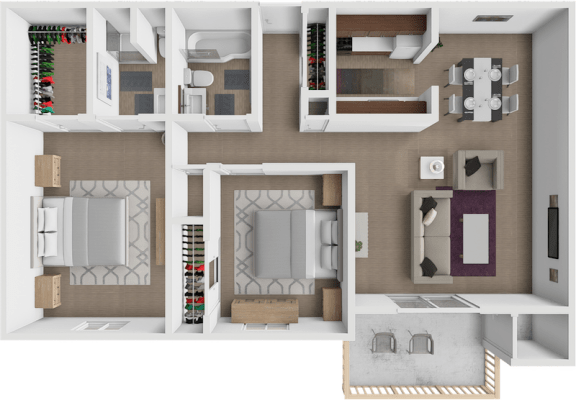 a 3d rendering of a bedroom with a bathroom and a living room