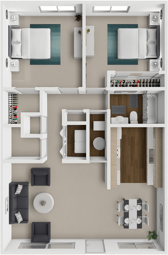 A floor plan of a two-bedroom apartment with a kitchen and living room.