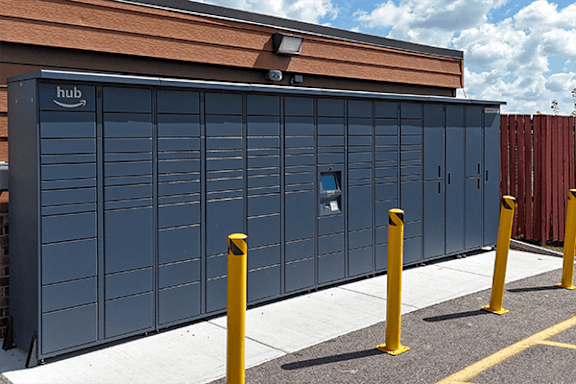 A large blue storage unit with the word "hub" on the top left corner.