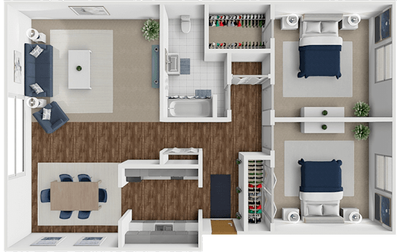 A 3D rendered image of a 2 bedroom apartment at huntley ridge clarksville