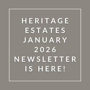 A grey square with white text announcing the Heritage Estates January 2026 newsletter.