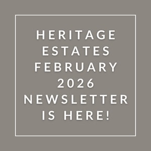 The image announces the availability of the Heritage Estates February 2026 newsletter.