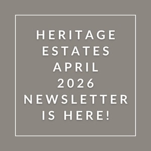A gray square with white text announcing the Heritage Estates April 2026 newsletter.