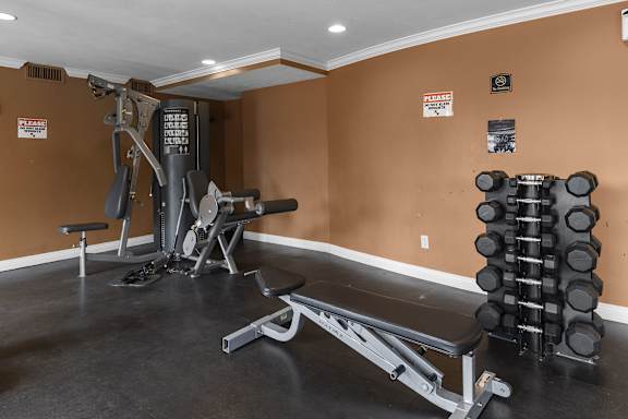 A gym with a bench, weights, and a leg press machine.