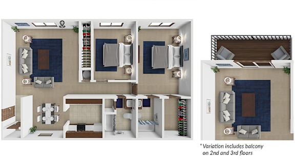 A diagram shows three different layouts for a small apartment.