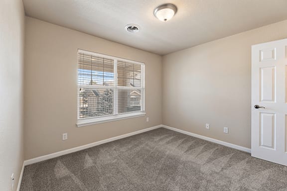 A room with a carpeted floor, a window with blinds, and a white door.