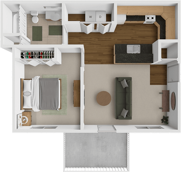 A 3D floor plan of a house showing a kitchen, living room, and bathroom.