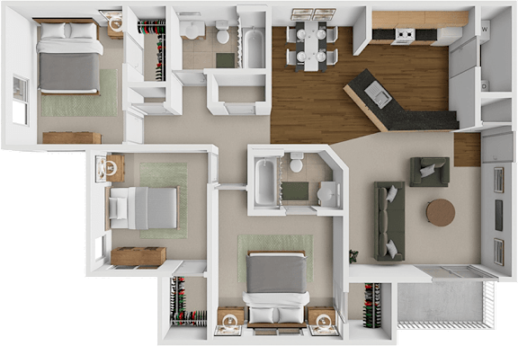 A top-down view of a house layout with a kitchen, living room, and bathroom.