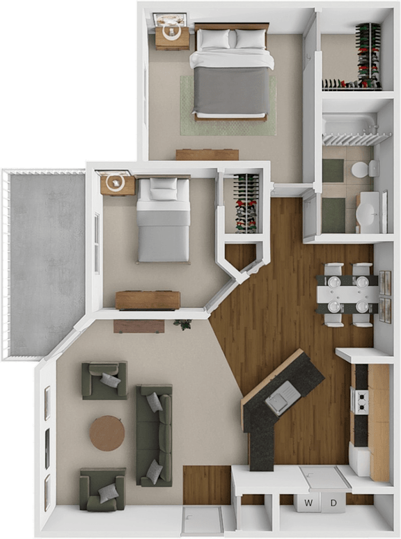 A 3D floor plan of a small apartment with a kitchen, living room, and bathroom.