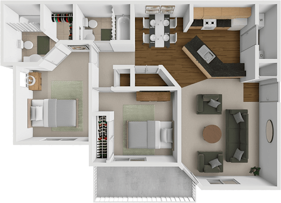 A 3D floor plan of a house with a kitchen, living room, and two bedrooms.