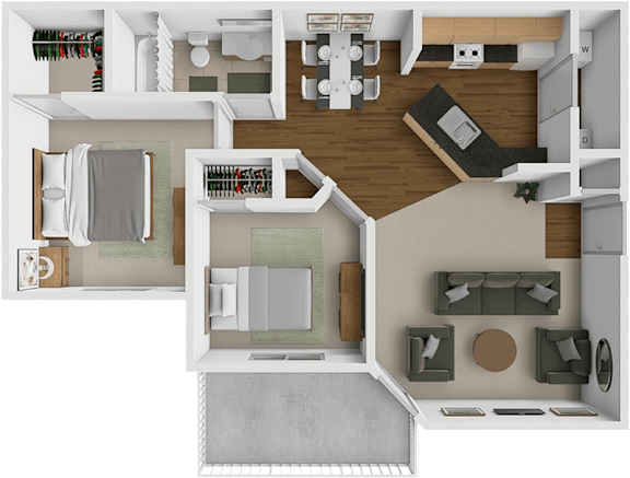 A top-down view of a small apartment layout with a kitchen, living room, and bedroom.