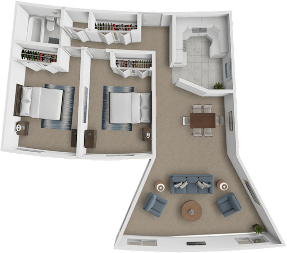 A 3D floor plan of a house with a living room, kitchen, and two bedrooms.