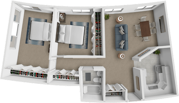 A 3D rendered image of a house layout.