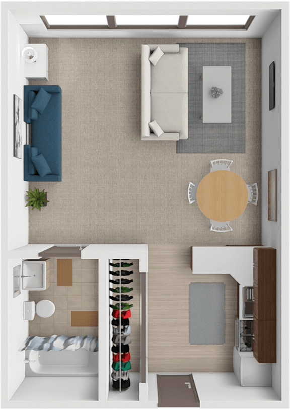 A top-down view of a small apartment with a kitchen, living room, and bathroom.