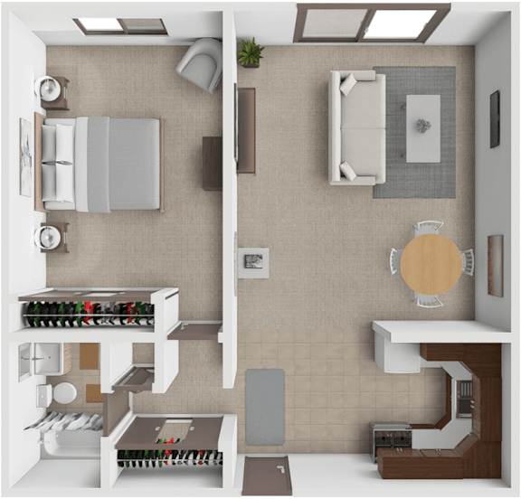 A top-down view of a small, neatly organized apartment with a kitchen, living room, and bedroom.