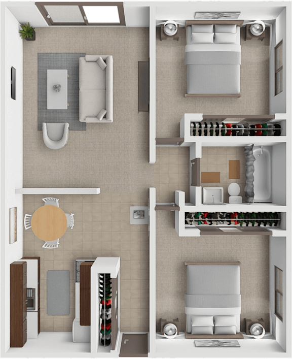 A 3D floor plan of a small apartment with a kitchen, living room, and bathroom.