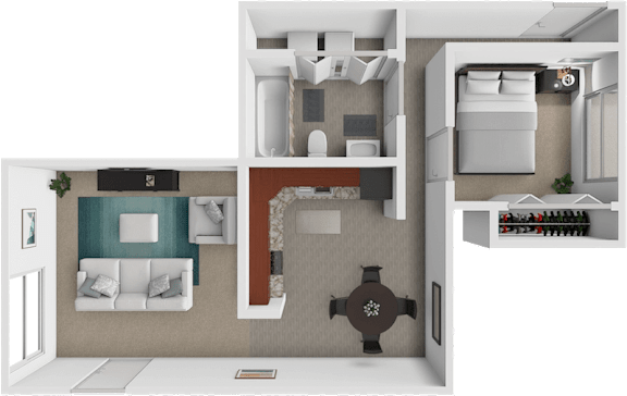 a 3d floor plan for a 1 bedroom 1 bathroom home