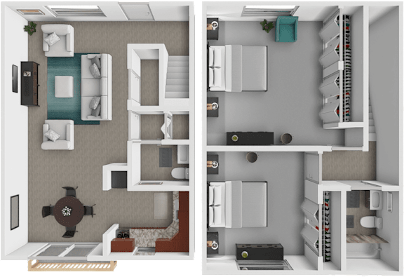 a 3D floor plan for a 2 bedroom home with 1.5 bathrooms.