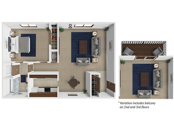 A 3D floor plan of a house with a balcony on the second and third floors.