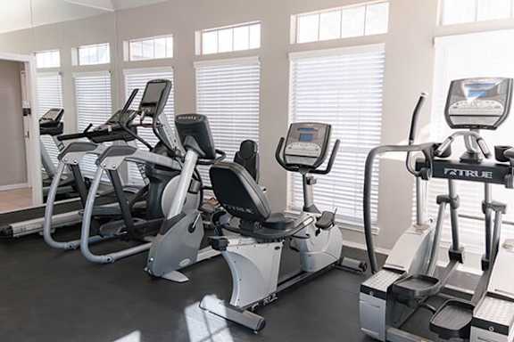 A gym with treadmills and elliptical machines.