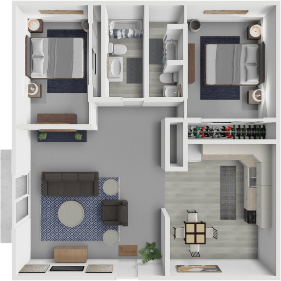 a 3d rendering of a bedroom and bathroom floor plan