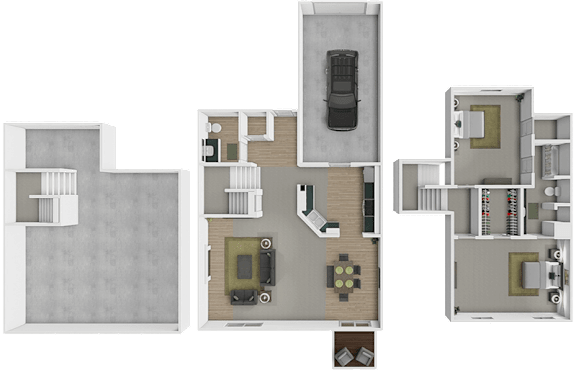 A 3D floor plan of at 3-floor townhouse at Mariposa Townhomes.