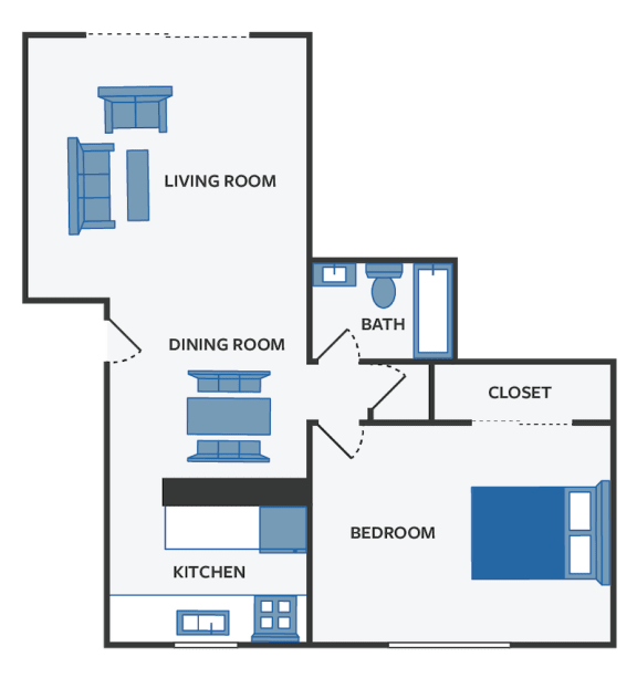 one bedroom one bathroom floor plan at Lakecrest Apartments