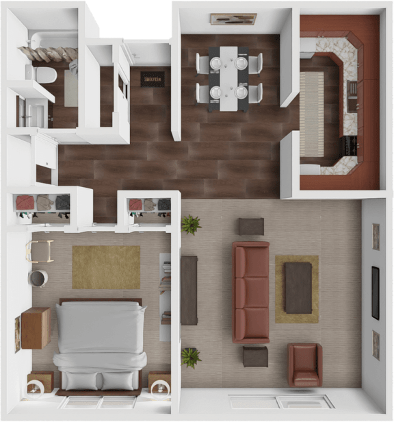 a 3d rendering of a 1 bedroom 1 bathroom apartment at Les Chateaux Apartments
