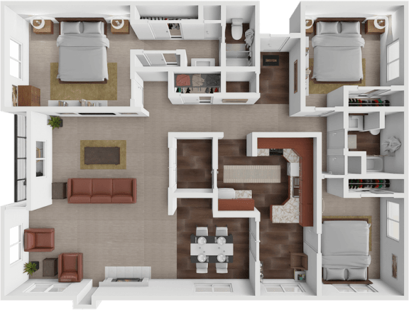 Gallant floor plan with 3 bedrooms and 2 bathrooms at les chateaux apartments in Duluth