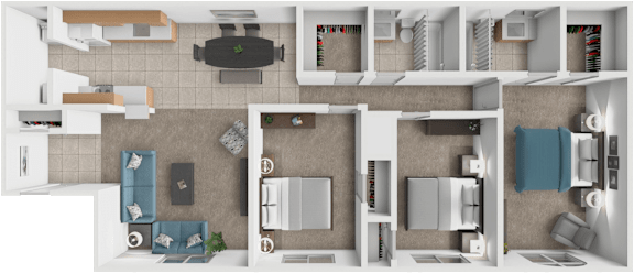 A top-down view of a small apartment with a kitchen, living room, and bathroom.