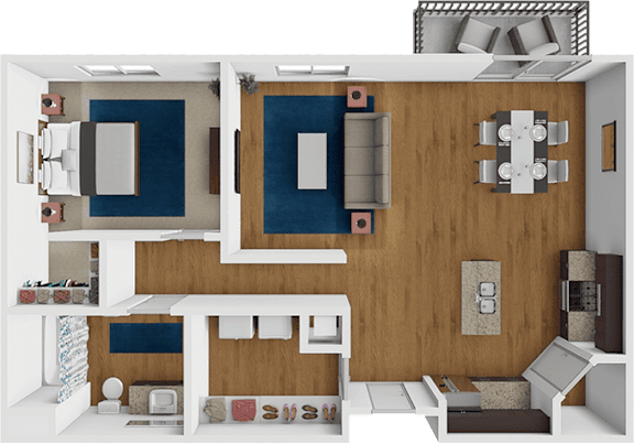 A 3D rendered image of a modern apartment layout.