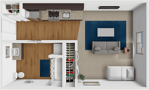A 3D rendered image of a modern living room and kitchen area.