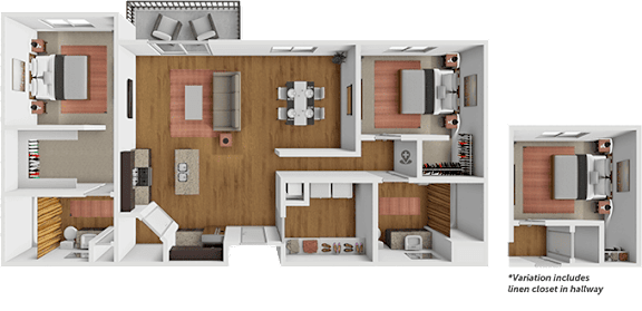 A detailed 3D floor plan of a two-bedroom apartment.