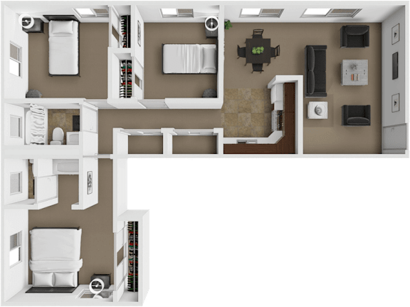 A 3D rendered image of a modern kitchen and living room.