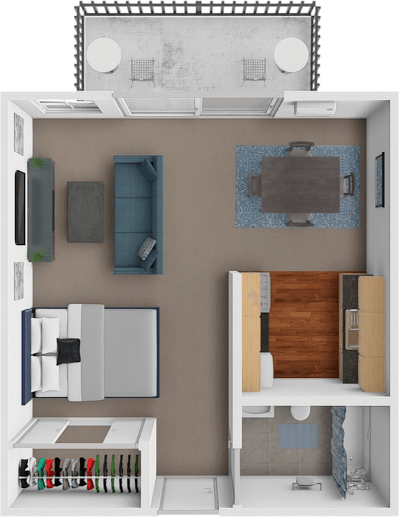 A 3D rendered image of a small apartment layout.