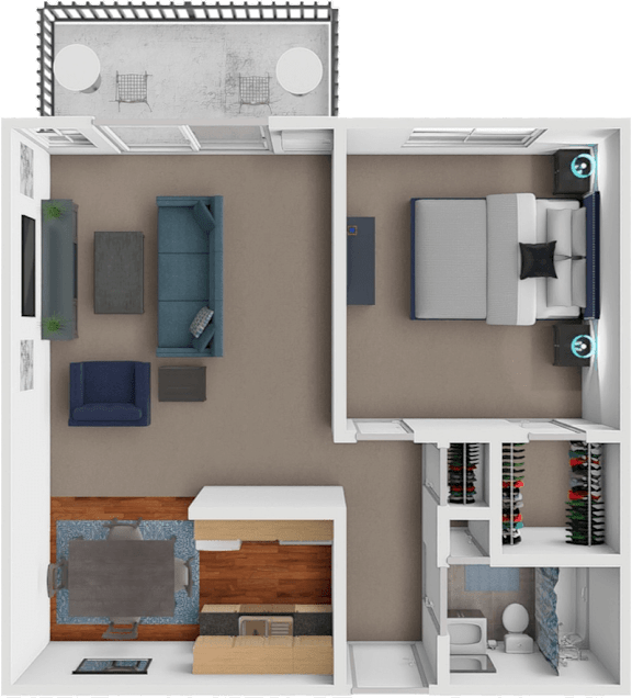 A 3D rendered image of a small apartment layout.