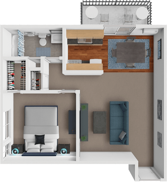 A 3D rendered image of a modern bedroom with a bed, nightstand, and a small kitchen area.