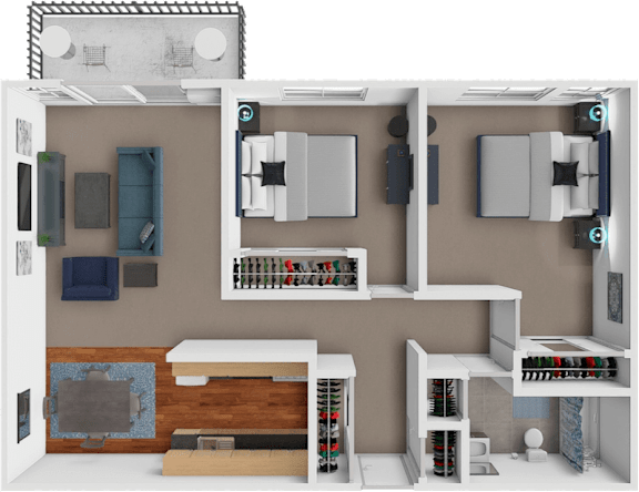 A 3D rendered image of a small apartment layout.