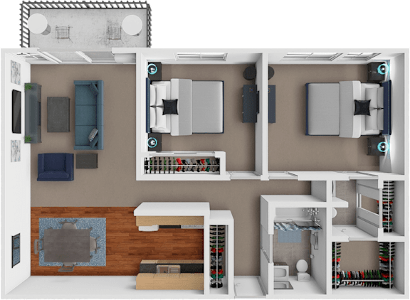 A 3D rendered image of a small apartment layout.