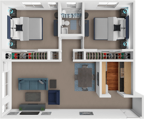 A 3D rendered image of a modern apartment layout.