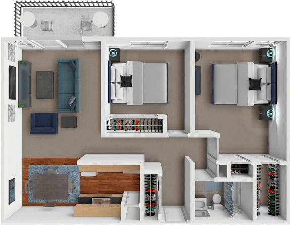 A 3D floor plan of a house with a kitchen, living room, and bedrooms.