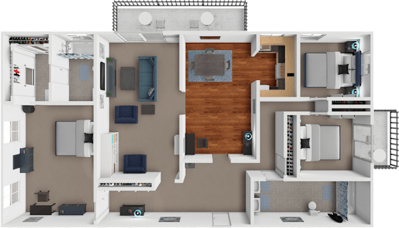A detailed 3D floor plan of a house showing all rooms and their layouts.