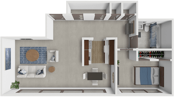 A 3D rendered image of a modern apartment layout.
