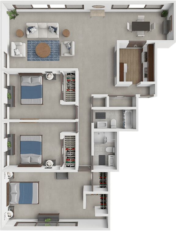 A 3D floor plan of a house with a kitchen, living room, and bedrooms.