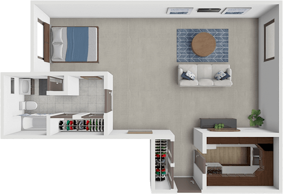 A modern kitchen with a white countertop and a white fridge.