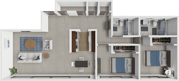 A 3D rendered image of a house layout.